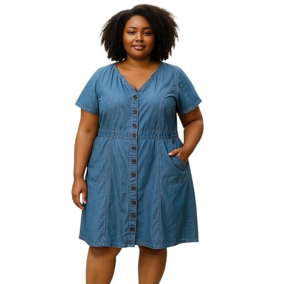 Lane Bryant Denim Midi Peasant Dress Blue Size 18/20 Boho Coastal Spring Summer - Picture 1 of 13